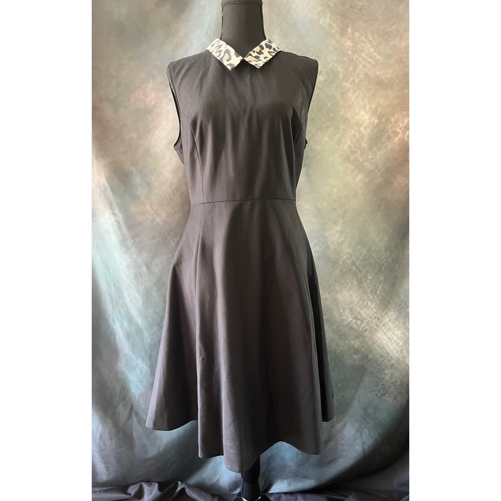 Kate Spade Black Sleeveless Fit & Flare Rissa Dress‎ Leopard Collar Size 14